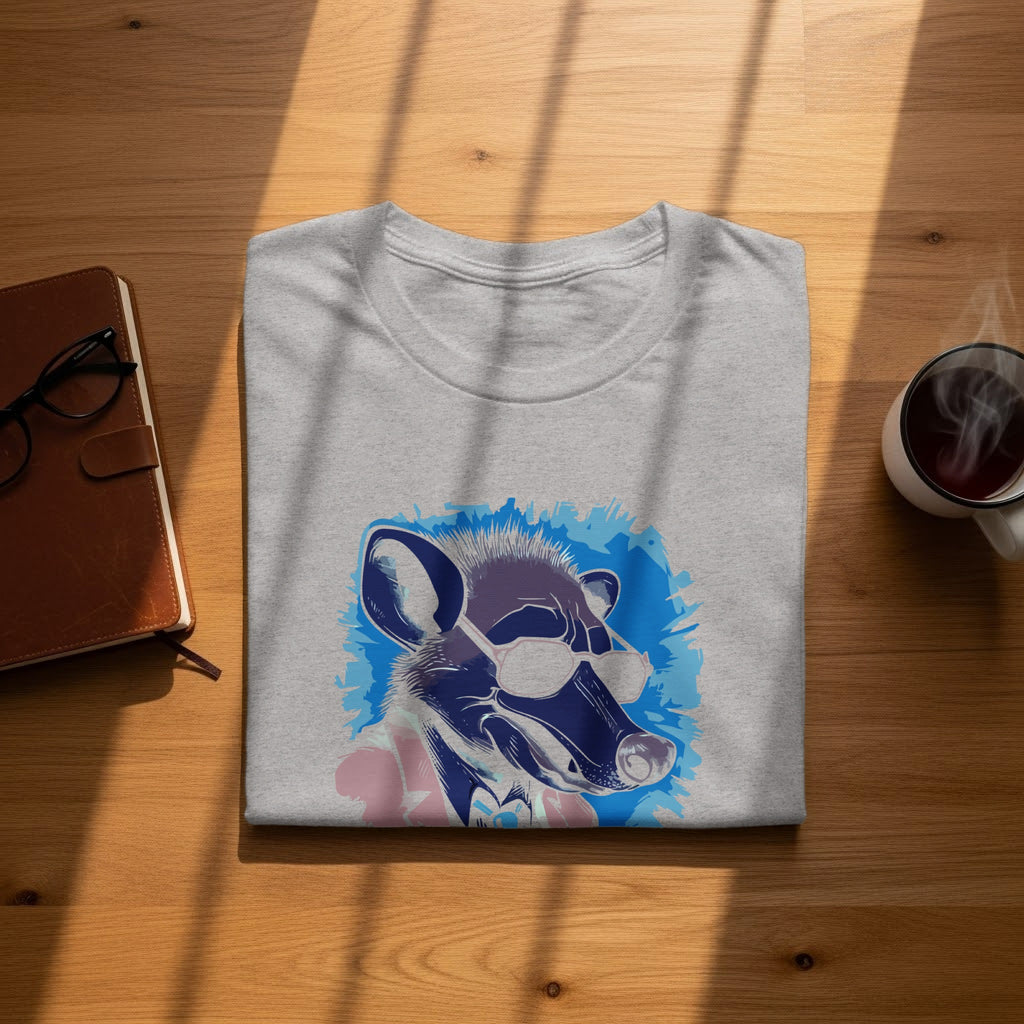 Gray t-shirt with a cool badger wearing sunglasses and a tie graphic.