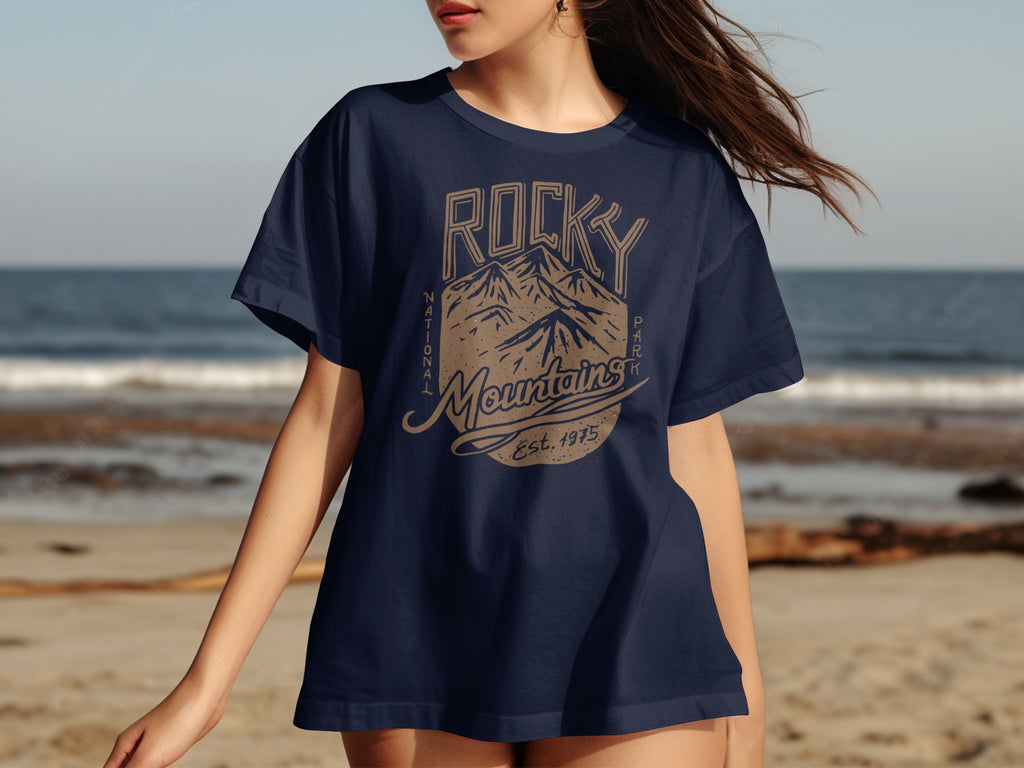 Navy t-shirt with Rocky Mountains National Park graphic and est. 1975.