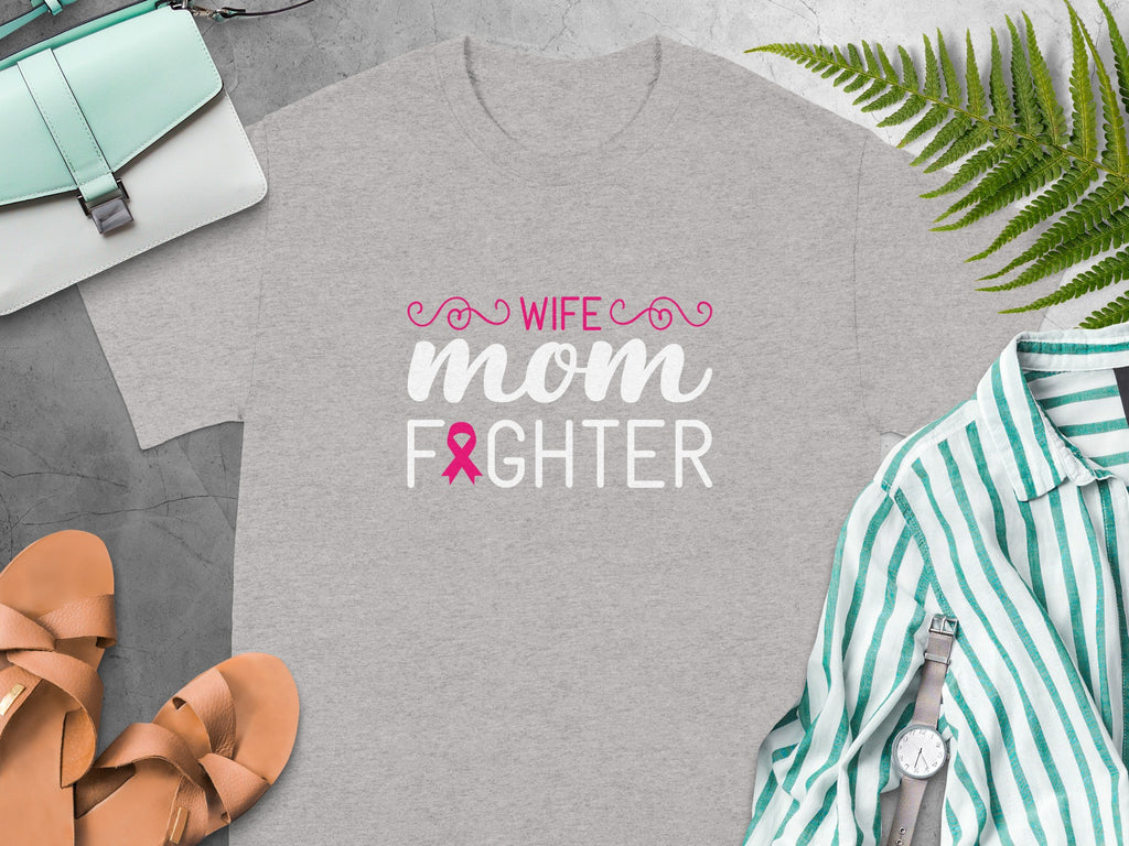 Grey t-shirt with "WIFE MOM FIGHTER" and pink ribbon graphic.