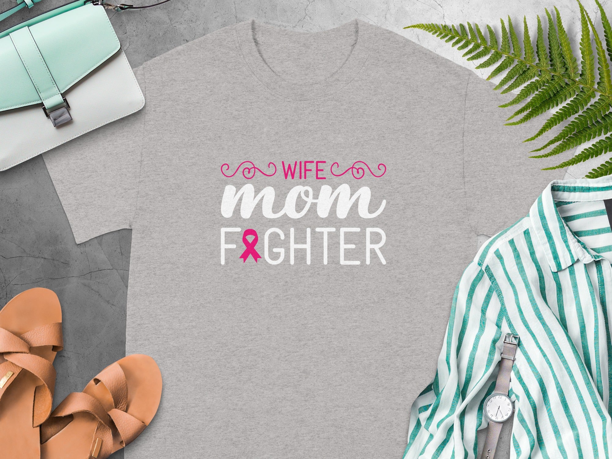 Grey t-shirt with "WIFE MOM FIGHTER" and pink ribbon graphic.