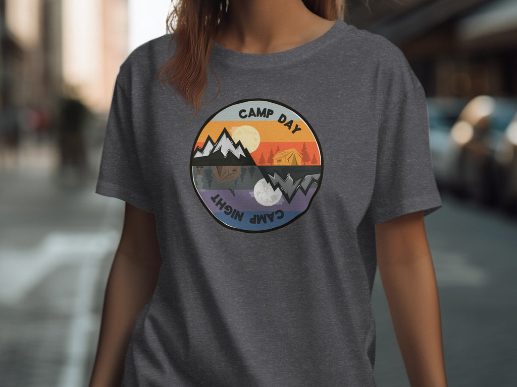 T-shirt artwork depicts "Camp Day" and "Camp Night" with mountains, tent and moon.