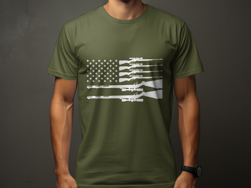 Olive green t-shirt with white American flag design made of rifles.