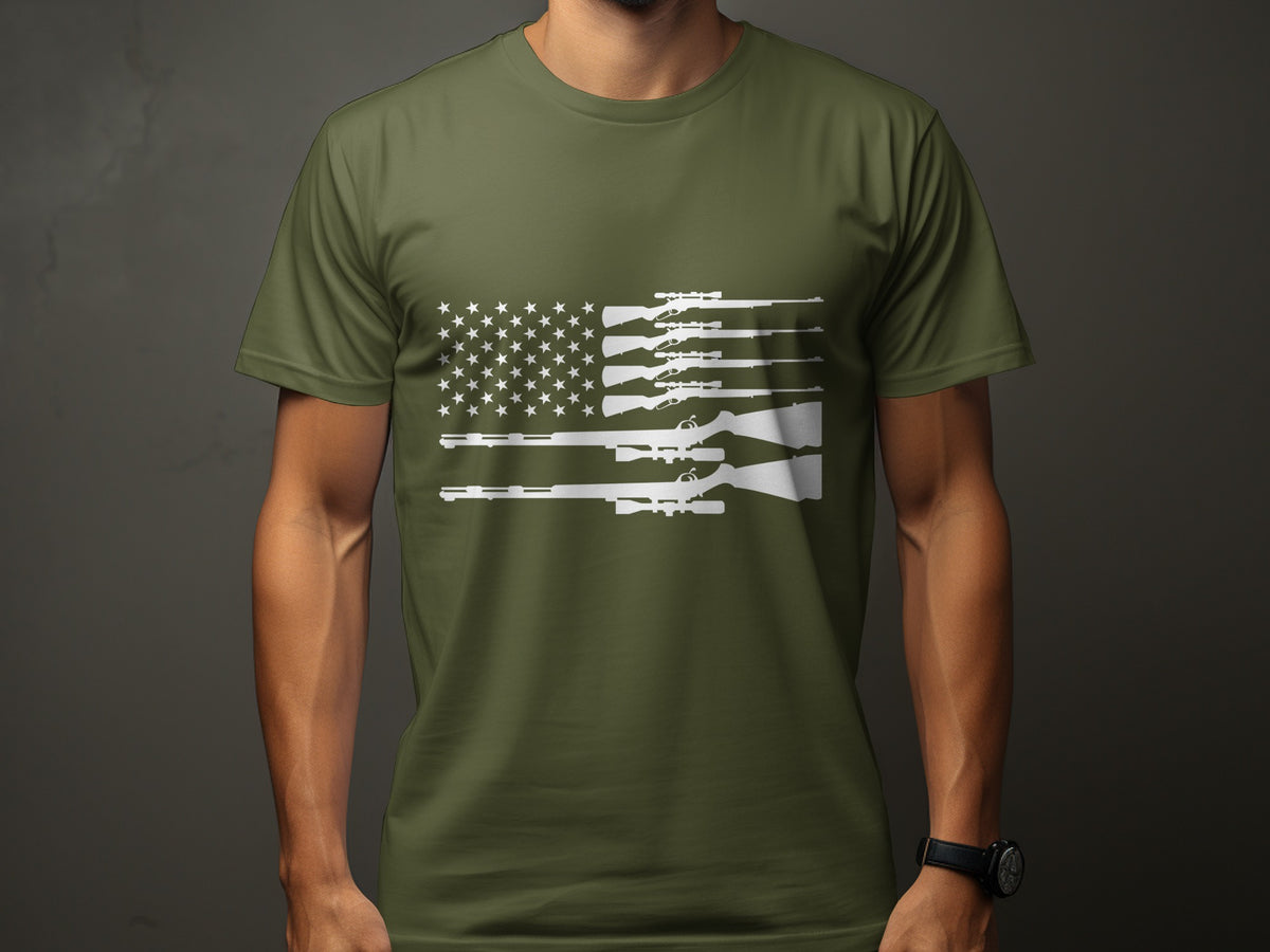 Olive green t-shirt with white American flag design made of rifles.