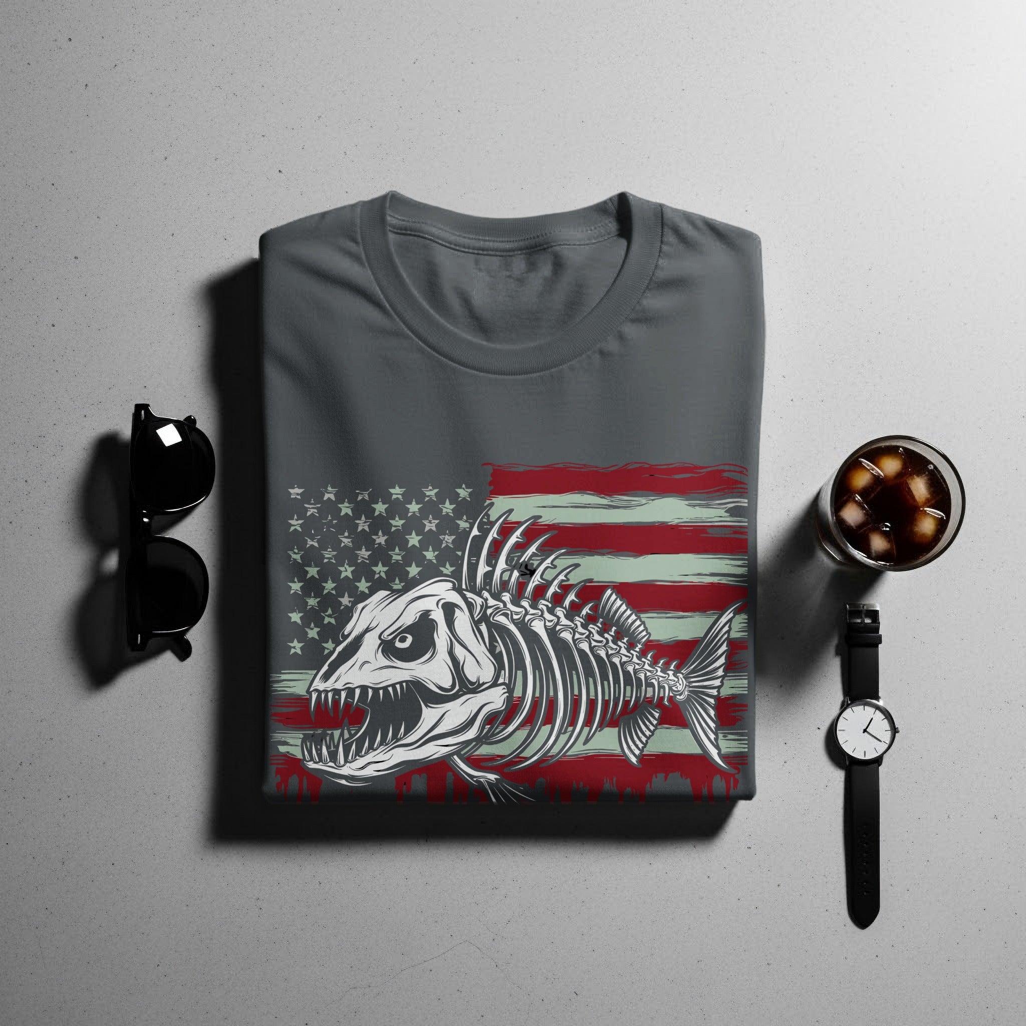Dark gray t-shirt with a fish skeleton graphic over a distressed American flag.