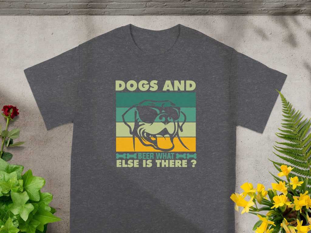Dark grey t-shirt with dog graphic and text "Dogs and beer what else is there?".