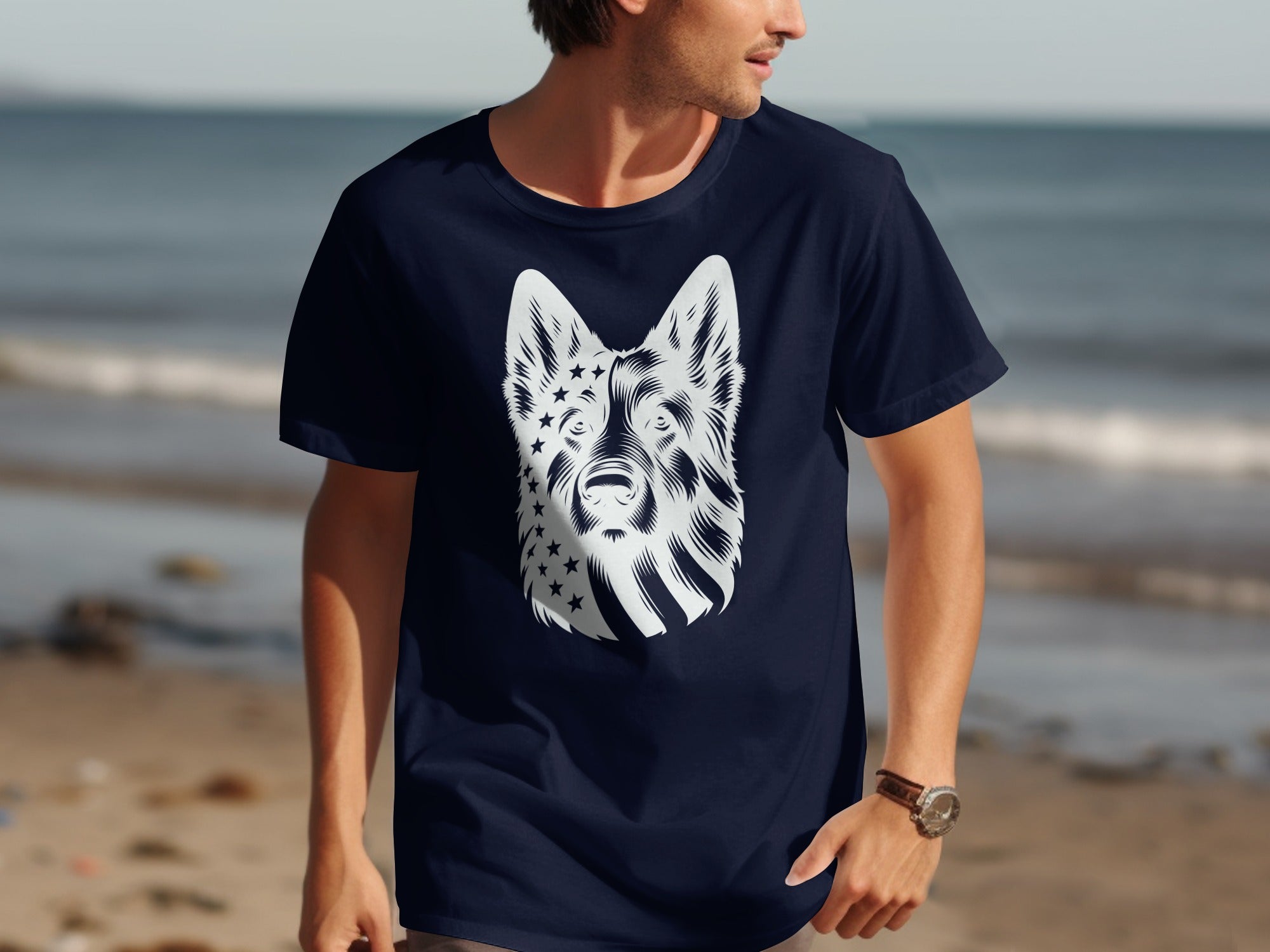 Navy t-shirt with white graphic of a German Shepherd dog head superimposed with American flag details.