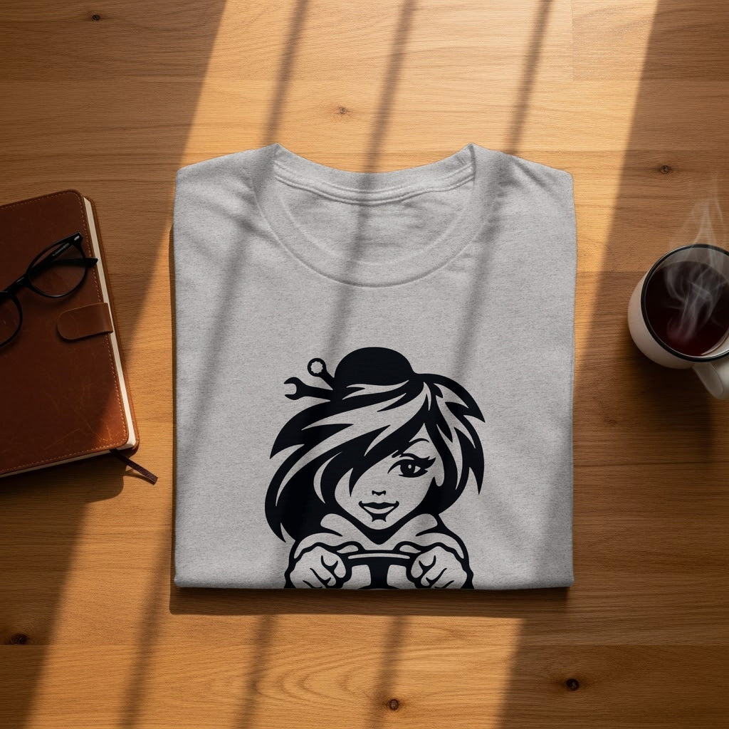 Gray t-shirt with black graphic of a girl holding a game controller.