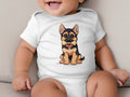 White baby onesie with cartoon German Shepherd puppy holding a bone.