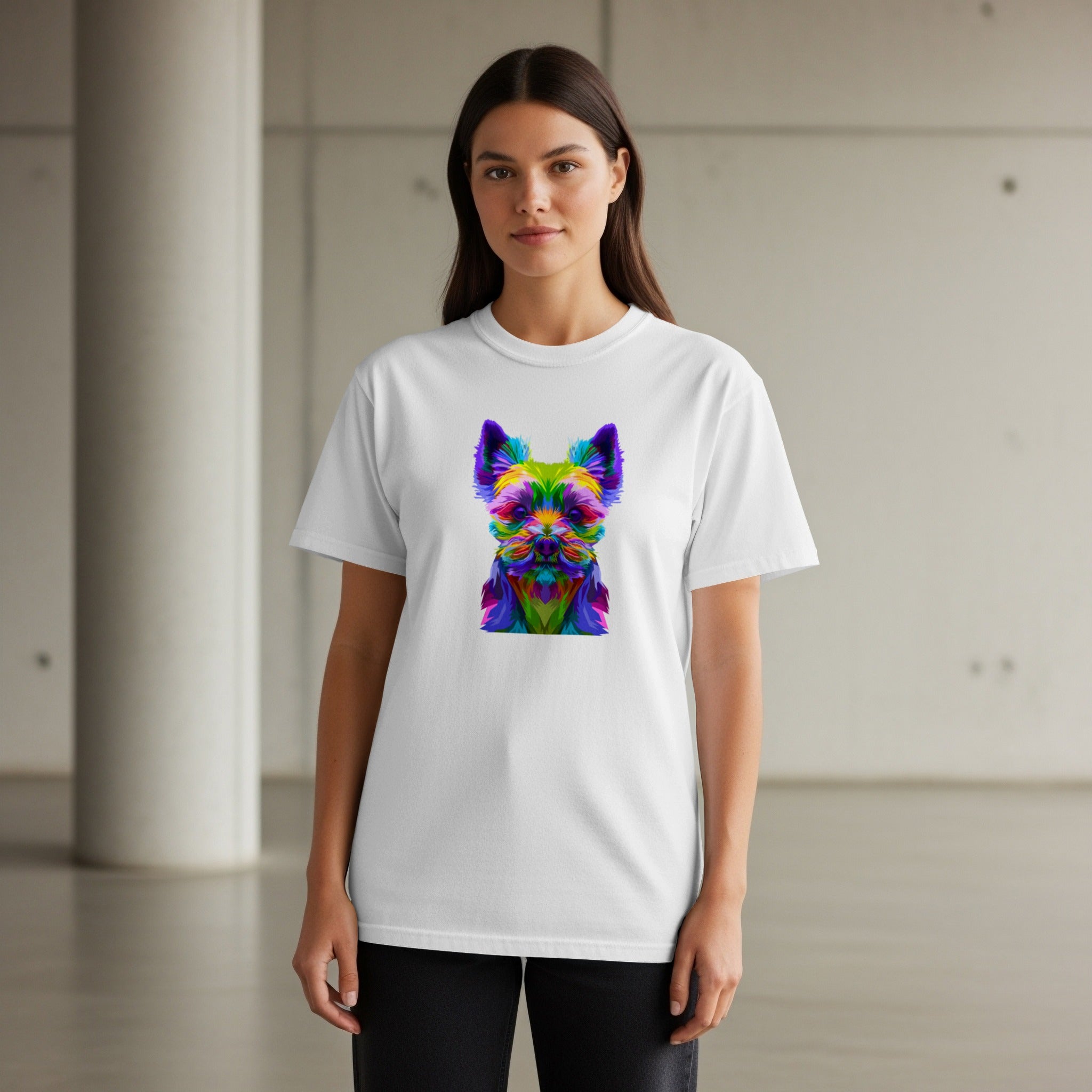 White t-shirt with colorful geometric dog portrait on the front.