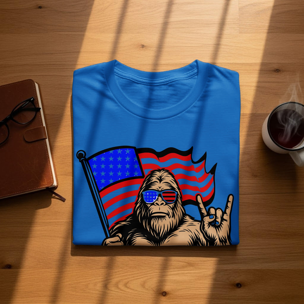 Bigfoot wearing patriotic sunglasses holds American flag and makes rock hand sign.
