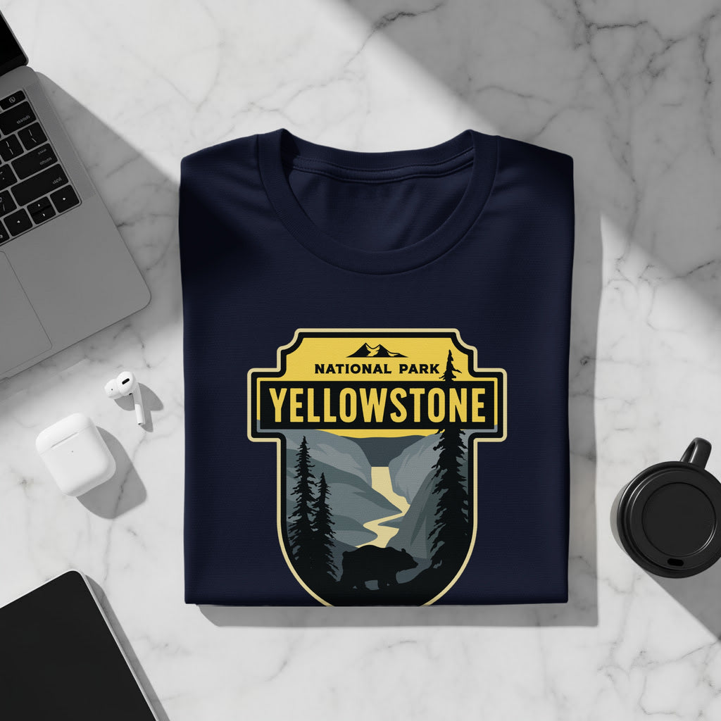 Dark blue t-shirt with Yellowstone National Park graphic featuring a bear and river.