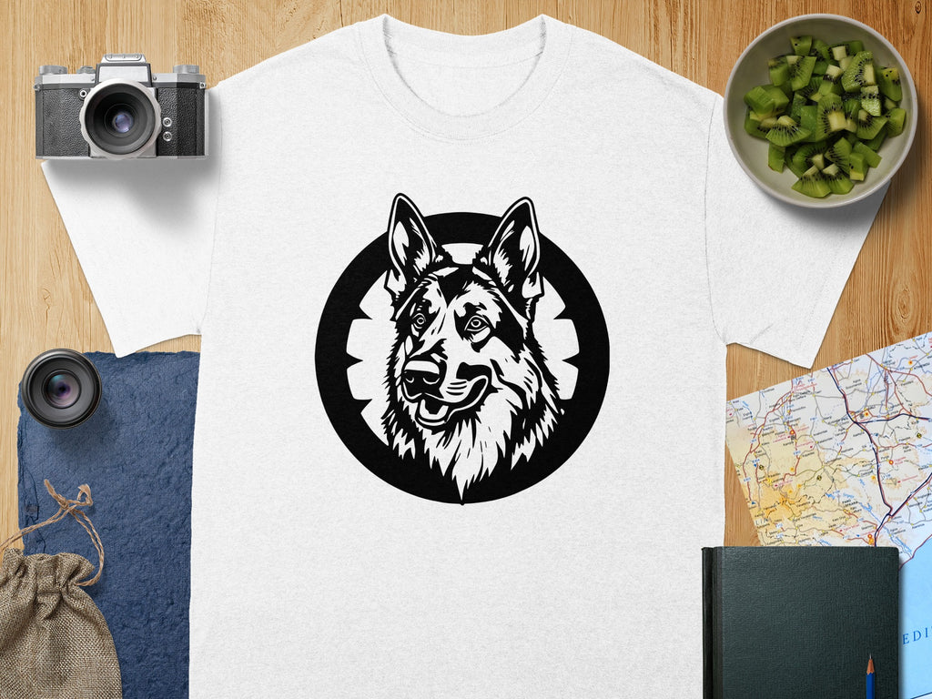 White t-shirt with a black German Shepherd head graphic inside a circular frame.