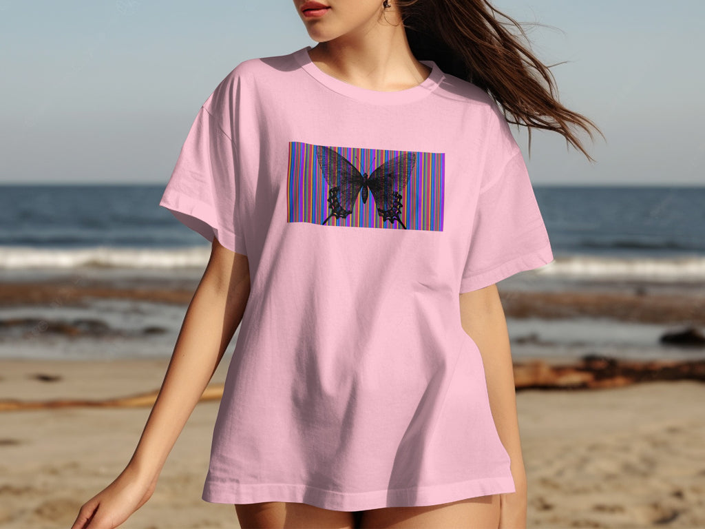 Pink t-shirt with a black butterfly graphic on striped background.