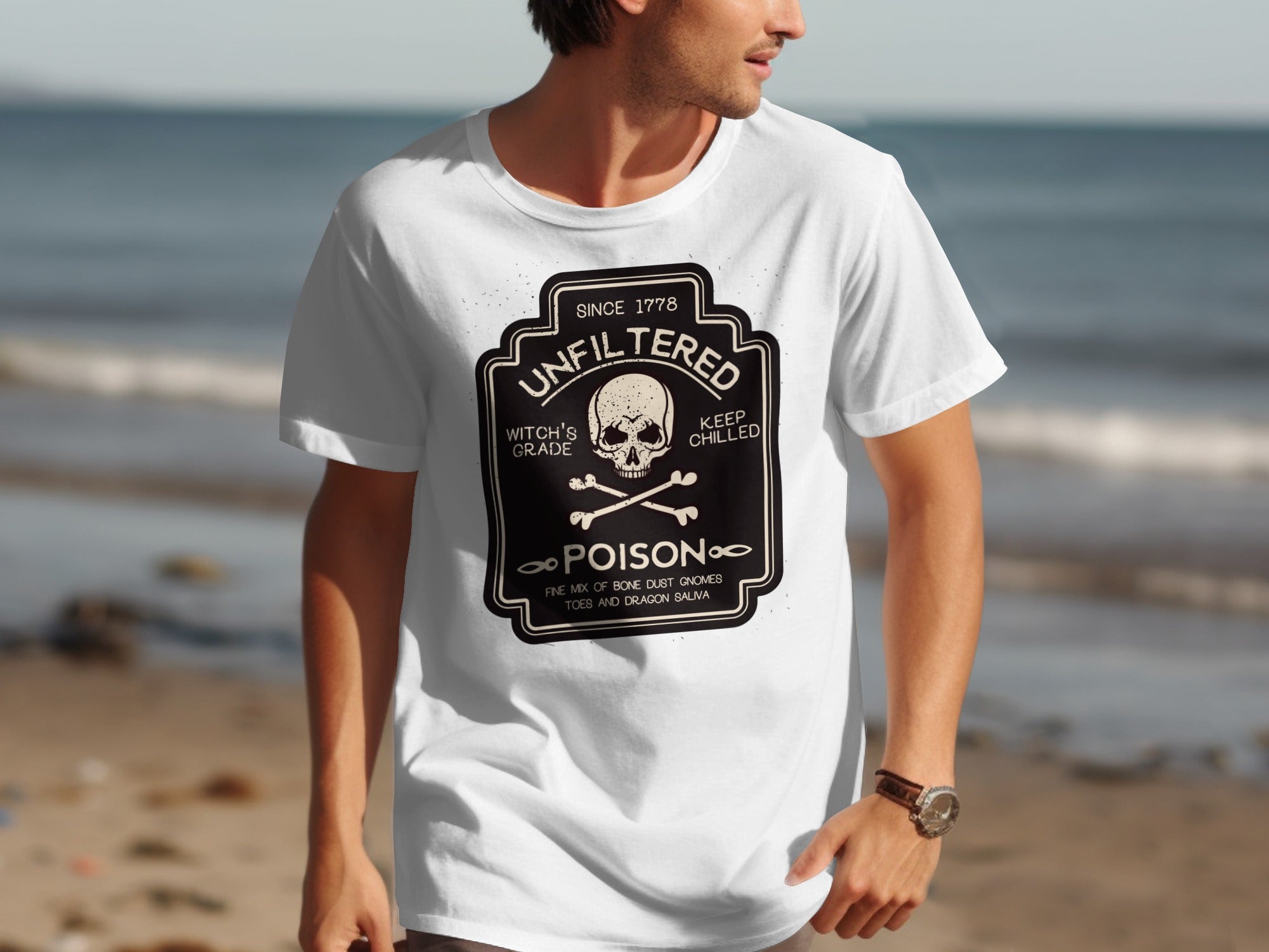 White t-shirt with "Unfiltered Poison" and skull graphic.