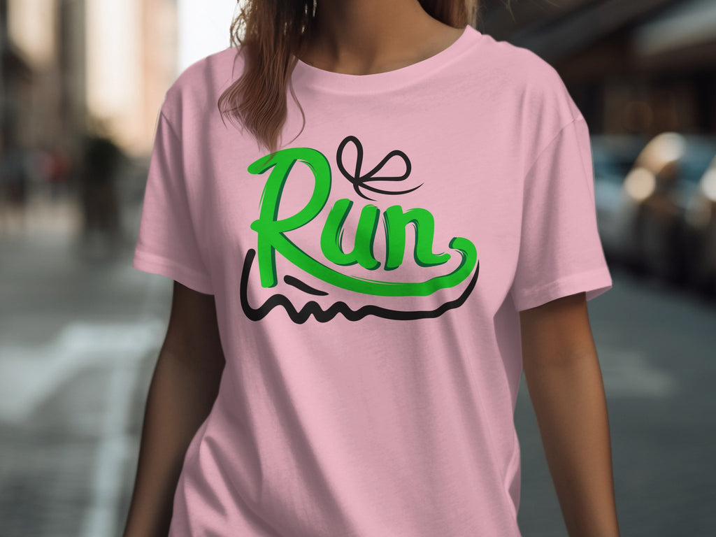 Pink t-shirt with green "Run" text and black graphic element.