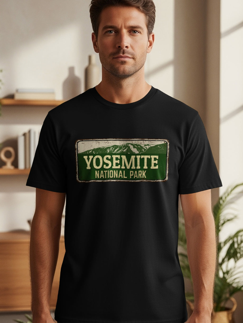 Black t-shirt with distressed Yosemite National Park sign graphic.