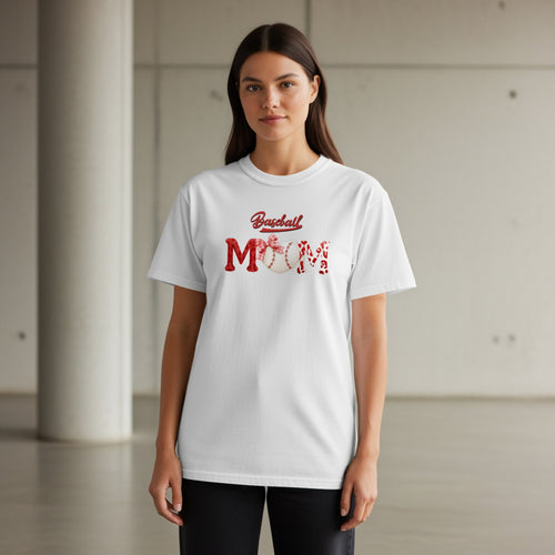 White t-shirt with "Baseball MOM" and a baseball heart graphic.