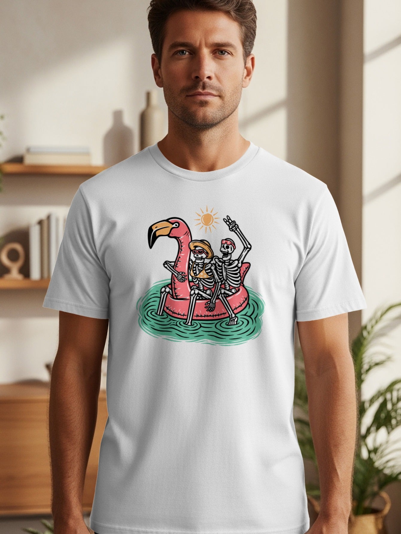 Skeleton couple riding a flamingo float in water with a sun icon.