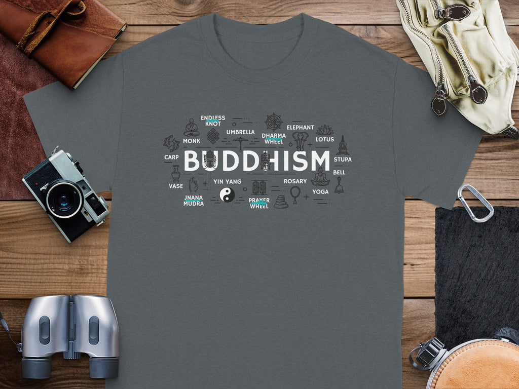Dark grey t-shirt with "BUDDHISM" and Buddhist symbols.