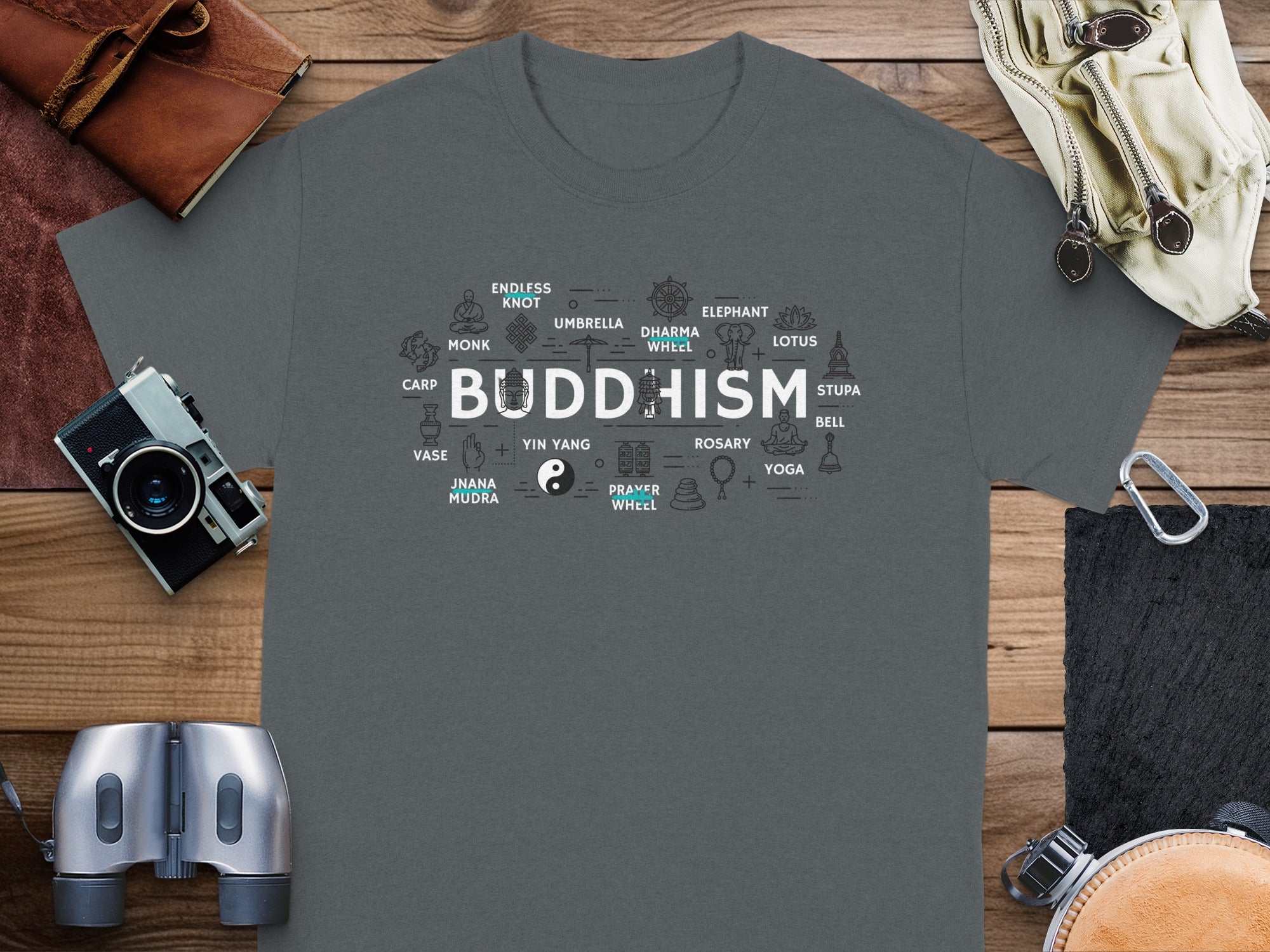 Dark grey t-shirt with "BUDDHISM" and Buddhist symbols.