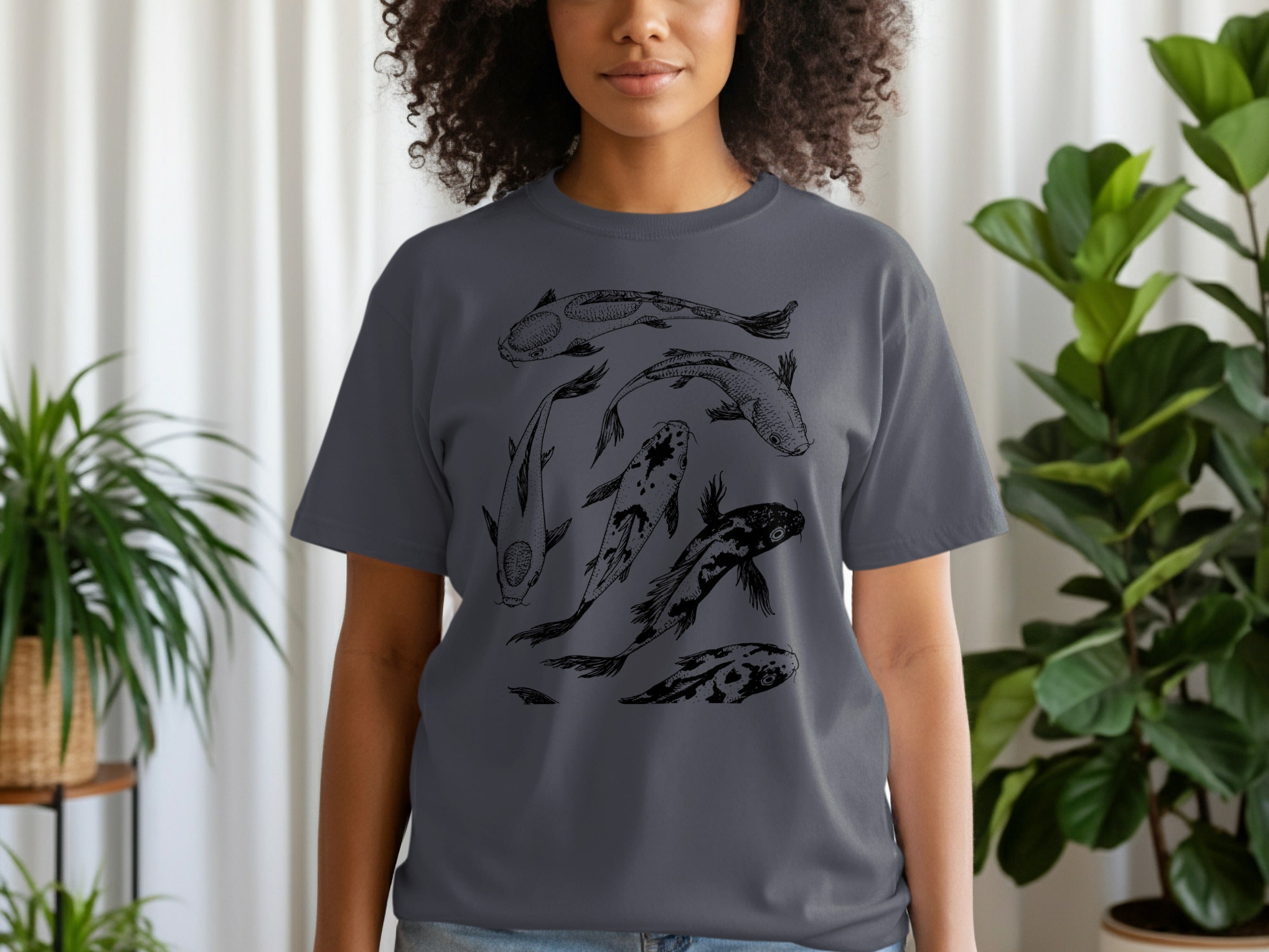 Dark grey t-shirt with a charcoal sketch of multiple koi fish.