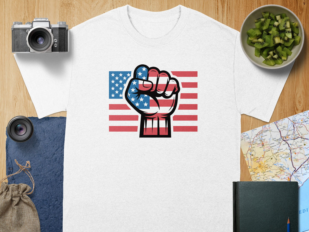 White t-shirt with American flag fist graphic.