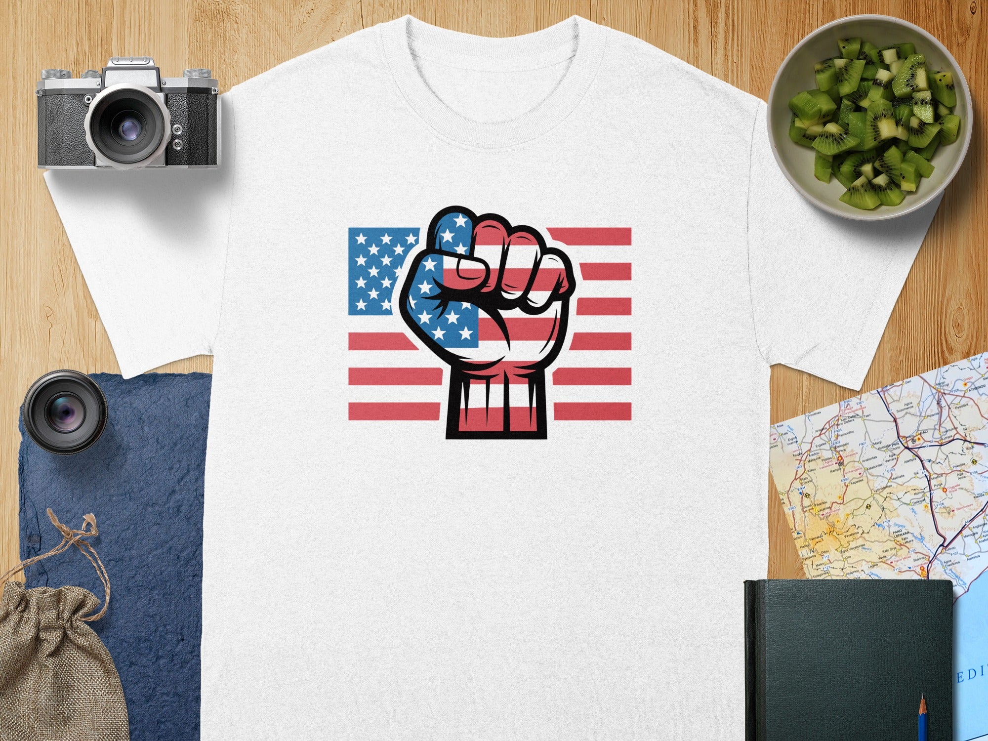 White t-shirt with American flag fist graphic.
