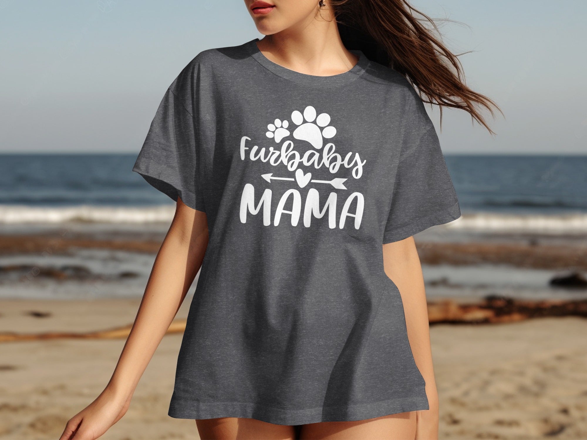 Grey t-shirt with white text "Furbaby MAMA" and paw prints.