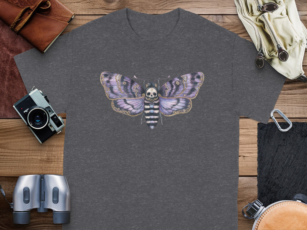 Dark gray t-shirt featuring a purple and black death's-head hawkmoth design.