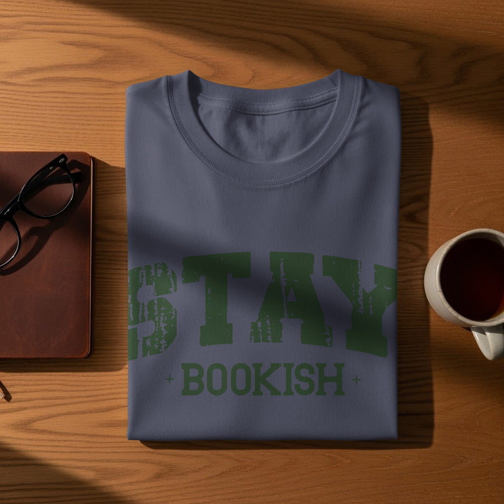 T-shirt with green text "STAY BOOKISH" featuring a distressed design.
