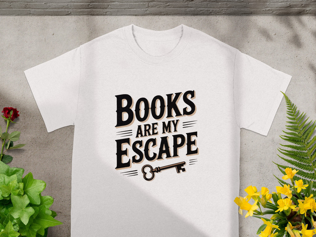 White t-shirt with "Books Are My Escape" text and an ornate key.