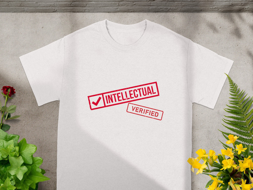White t-shirt with red stamps reading "INTELLECTUAL" and "VERIFIED".