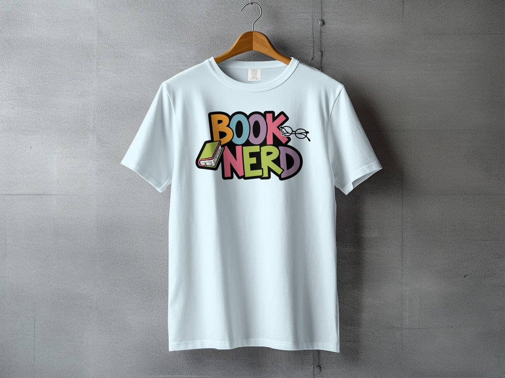 White t-shirt with "BOOK NERD" text, book, and glasses graphic.