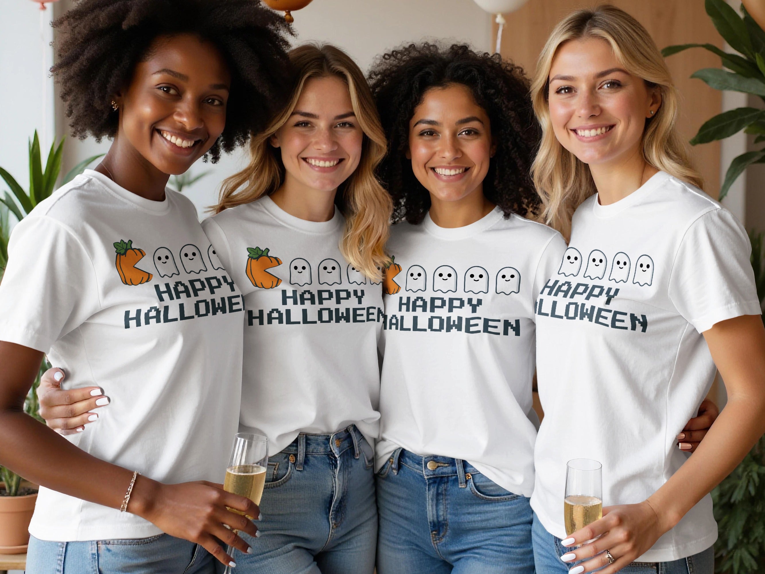 Four women in white t-shirts with pixelated "Happy Halloween" and ghost graphics.