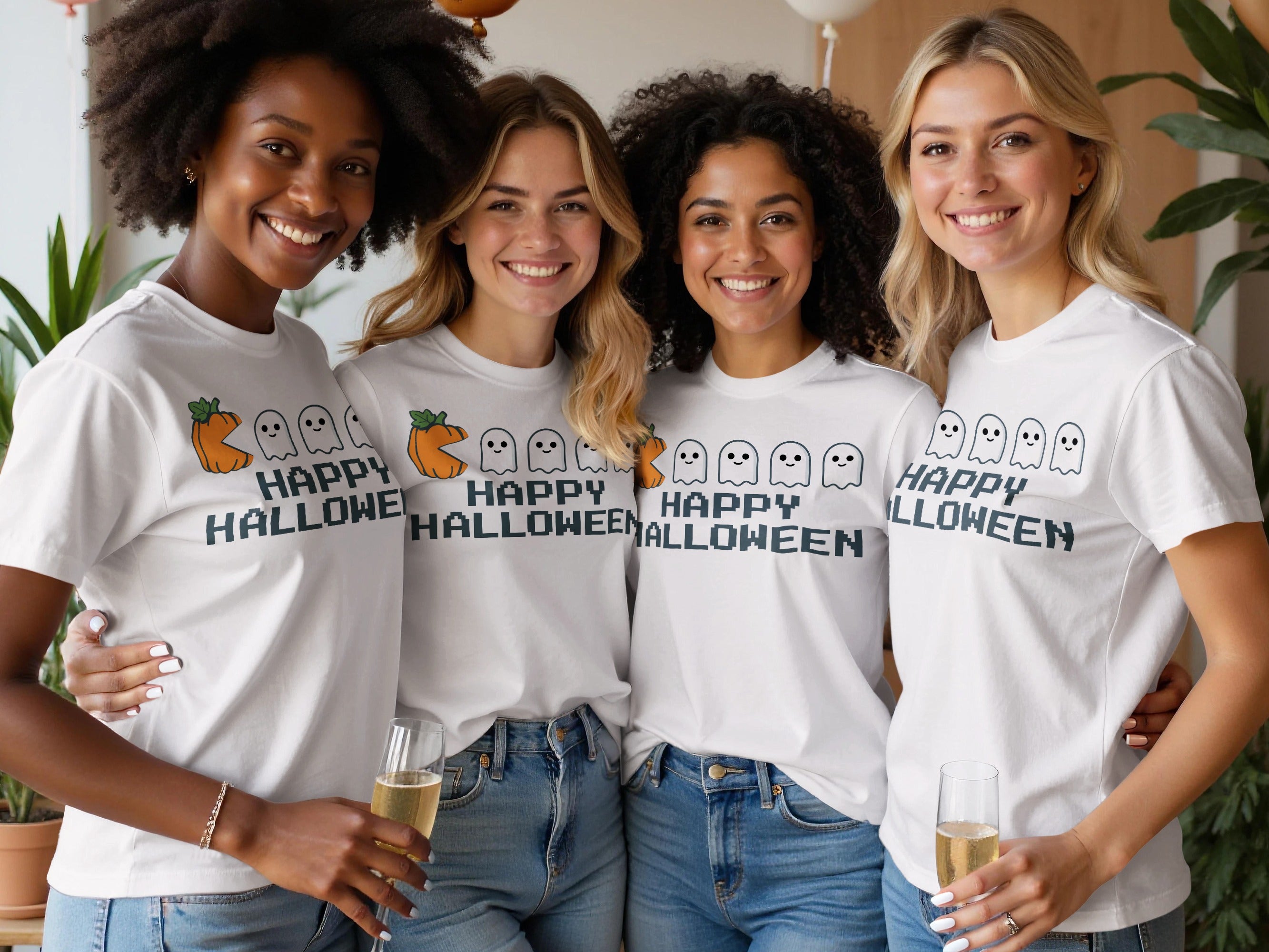Four women smile wearing white t-shirts with a "Happy Halloween" ghost and pumpkin graphic.