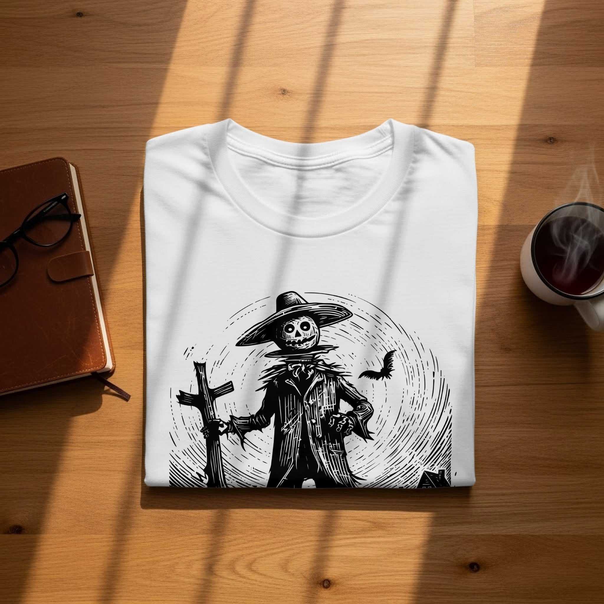 White t-shirt with black scarecrow, cross, and crow design.