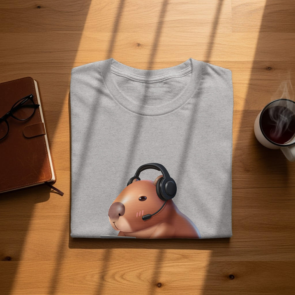 Grey t-shirt with a cartoon capybara wearing headphones and a headset.