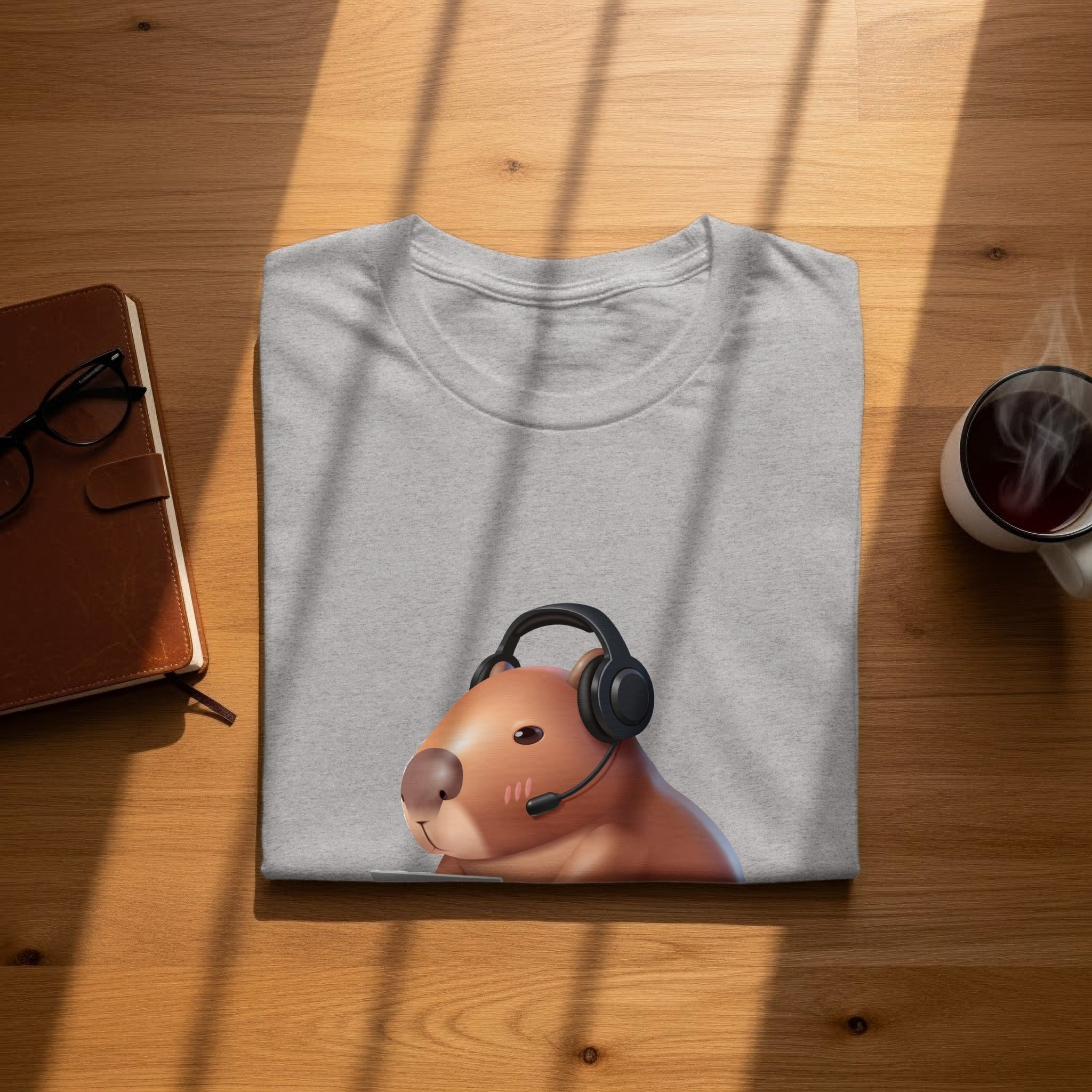Grey t-shirt with a cartoon capybara wearing headphones and a headset.
