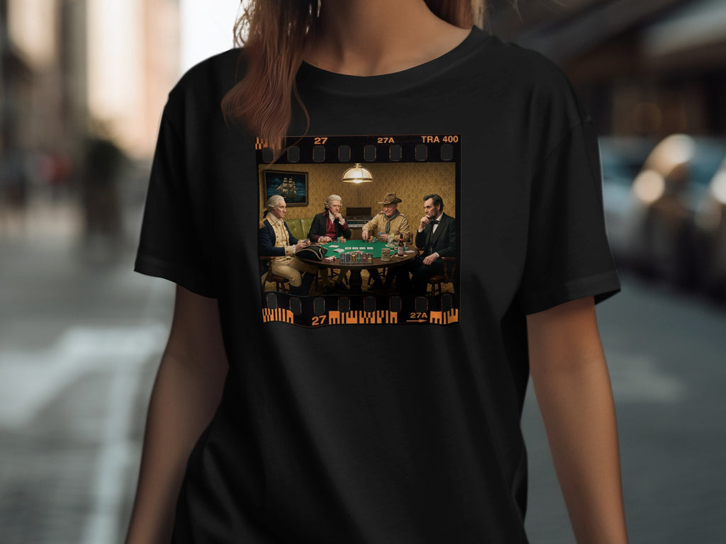 Founding Fathers and Abraham Lincoln play poker in a film strip frame design.