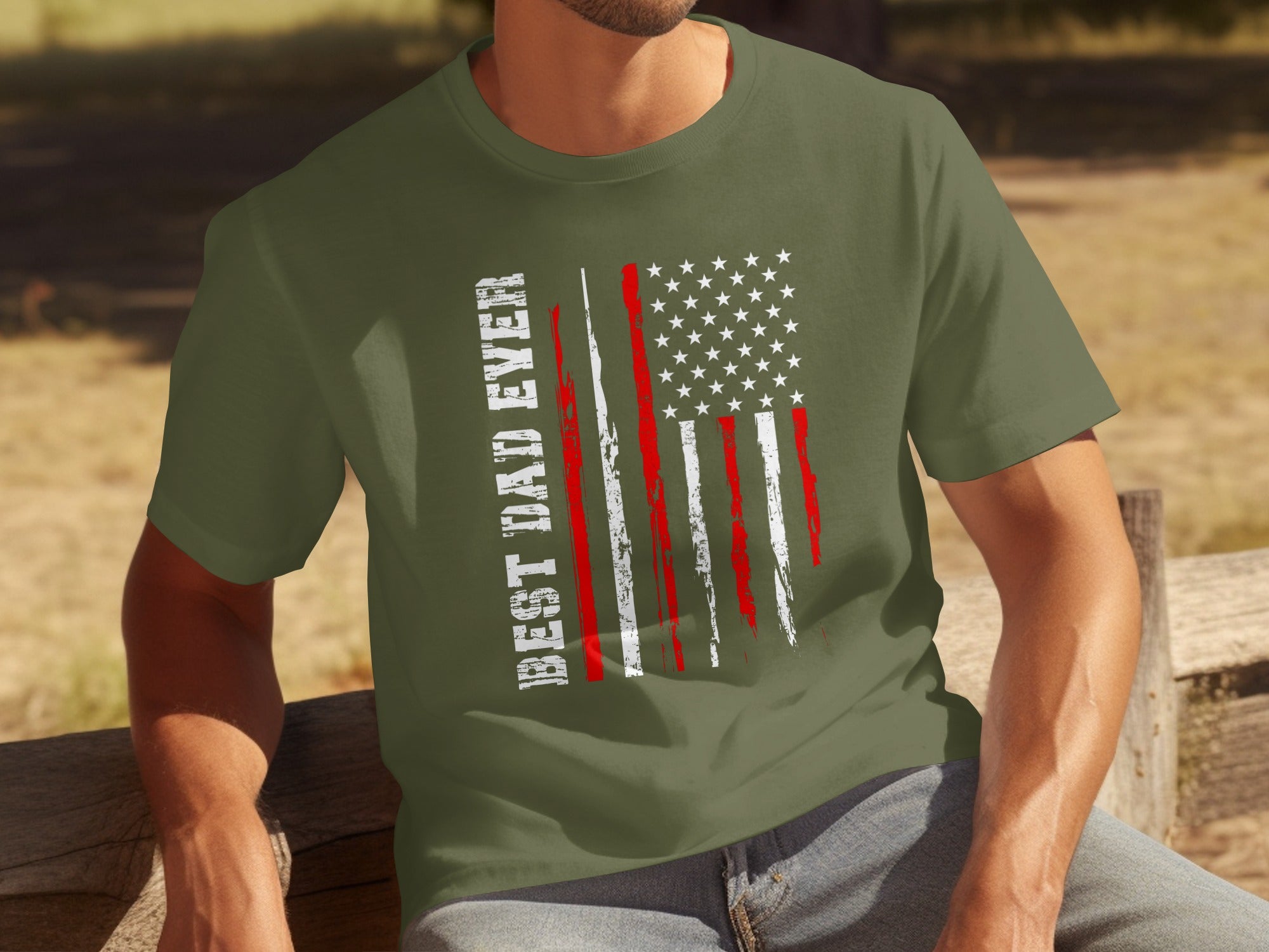 Olive green t-shirt with distressed American flag and "BEST DAD EVER" text.