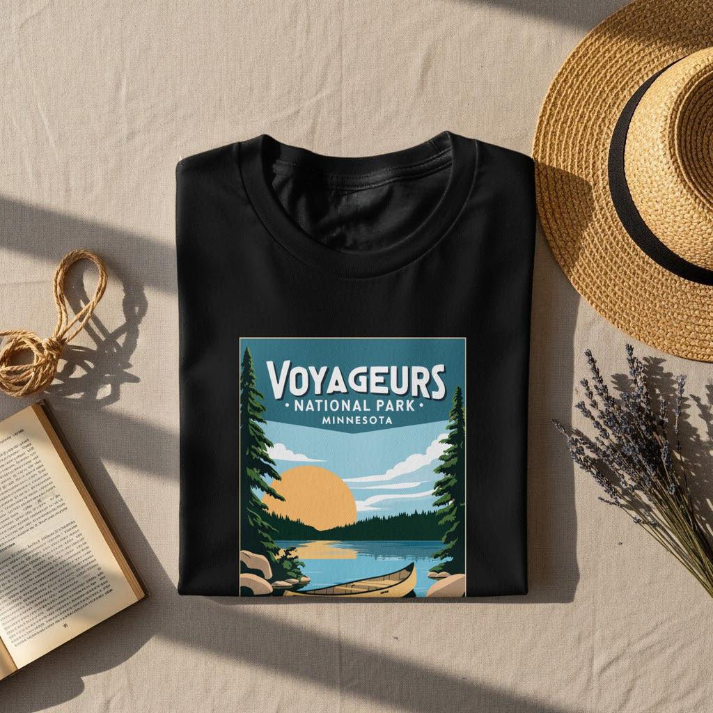 Black t-shirt with Voyagers National Park Minnesota graphic on it.