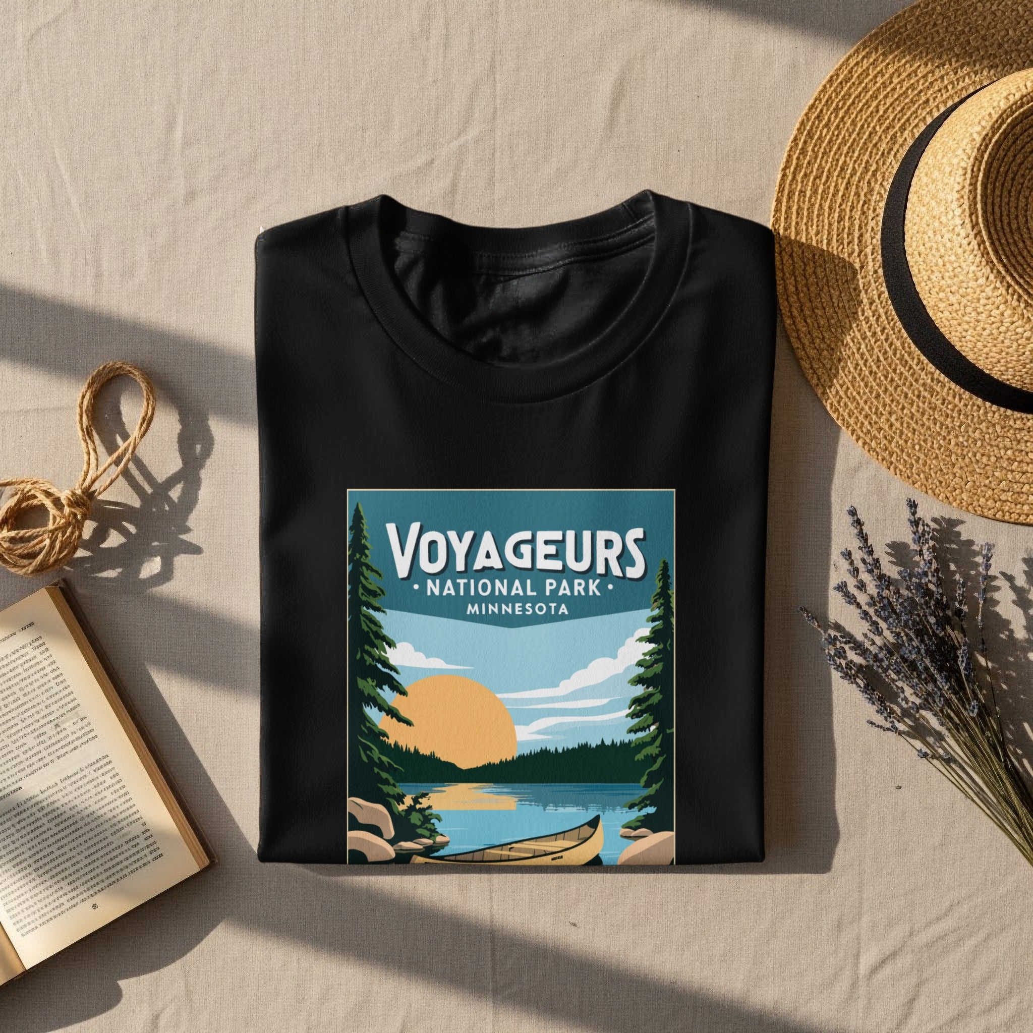 Black t-shirt with Voyagers National Park Minnesota graphic on it.