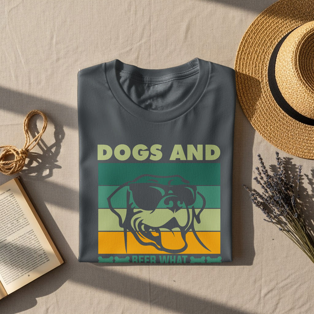 T-shirt with "DOGS AND BEER WHAT" text and dog graphic.