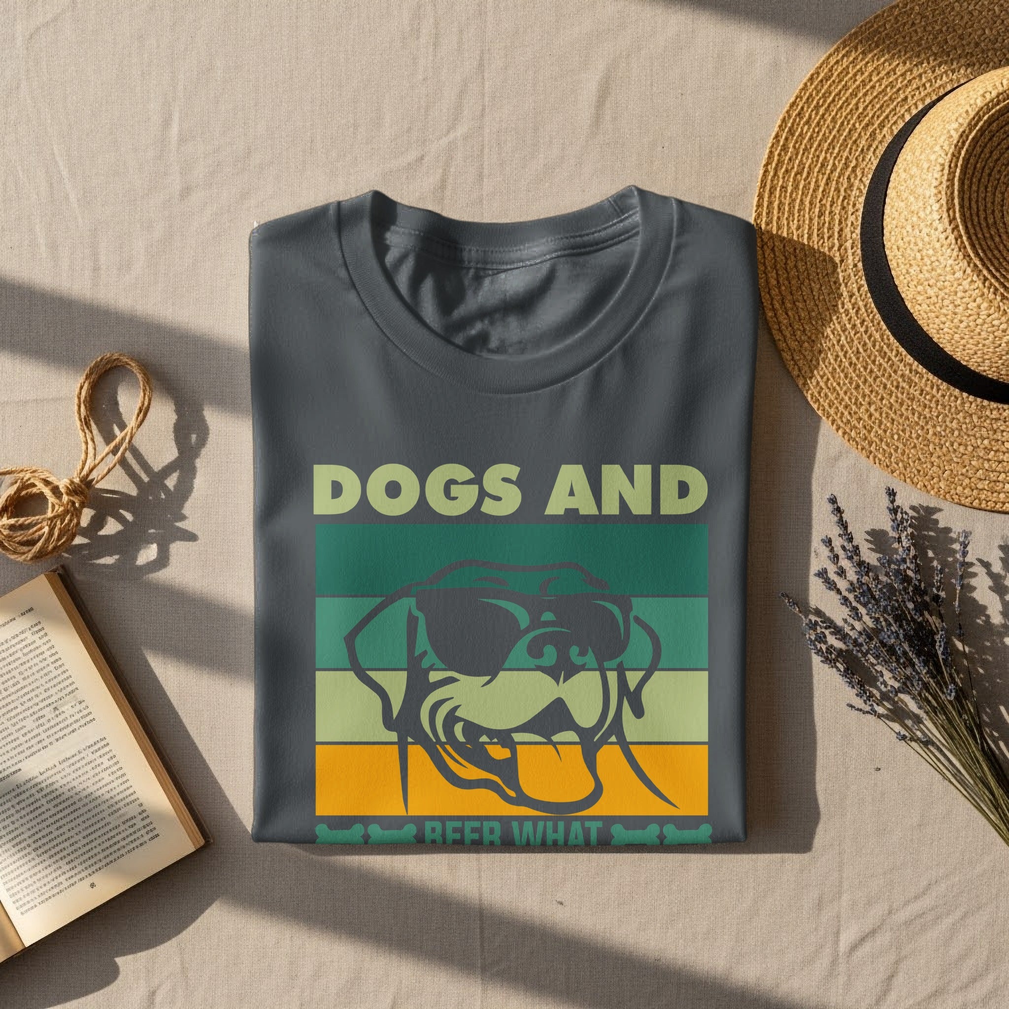 T-shirt with "DOGS AND BEER WHAT" text and dog graphic.