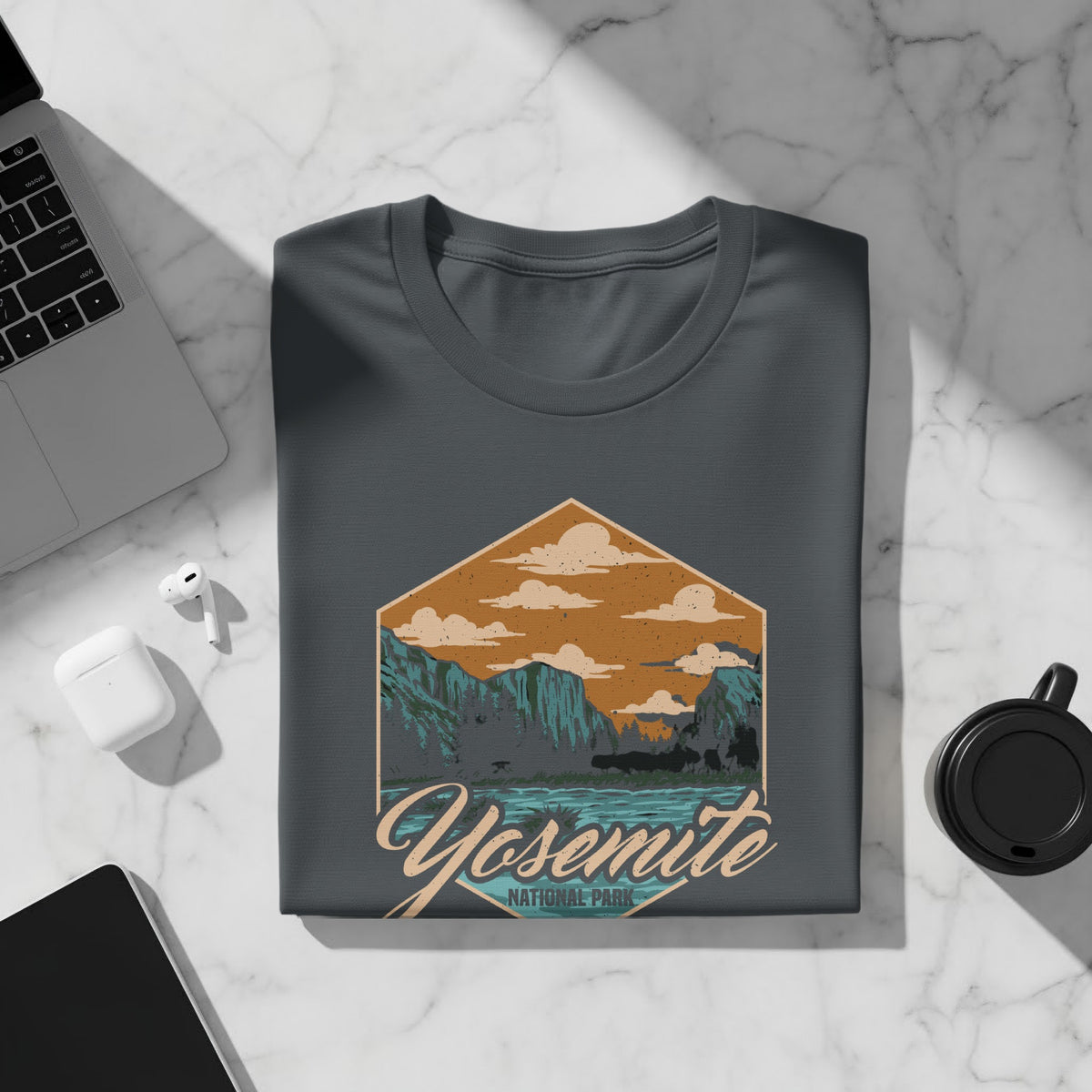 Gray t-shirt with vintage Yosemite National Park landscape graphic and text.