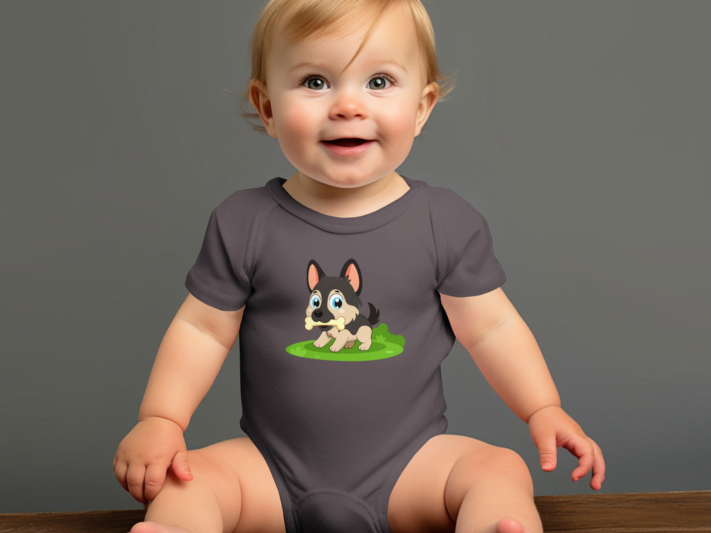 Baby in a grey bodysuit with a cartoon German Shepherd puppy graphic.