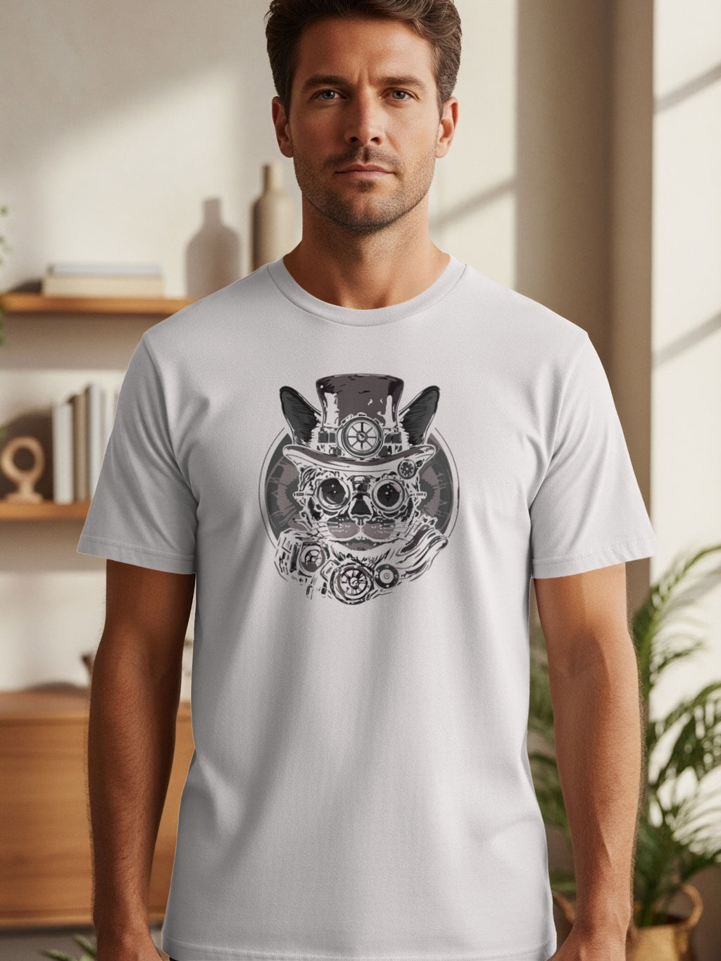 Steampunk cat with top hat and goggles graphic on a light gray t-shirt.