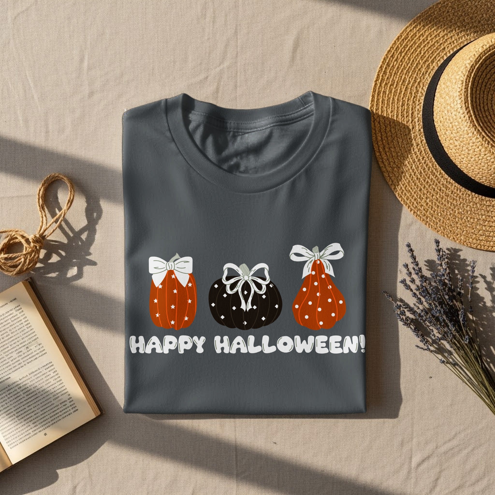 Gray t-shirt with three decorative pumpkins and "HAPPY HALLOWEEN!" text.