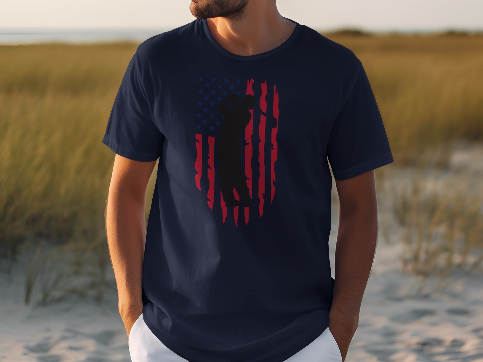 Navy t-shirt with American flag graphic and golfer silhouette on front.
