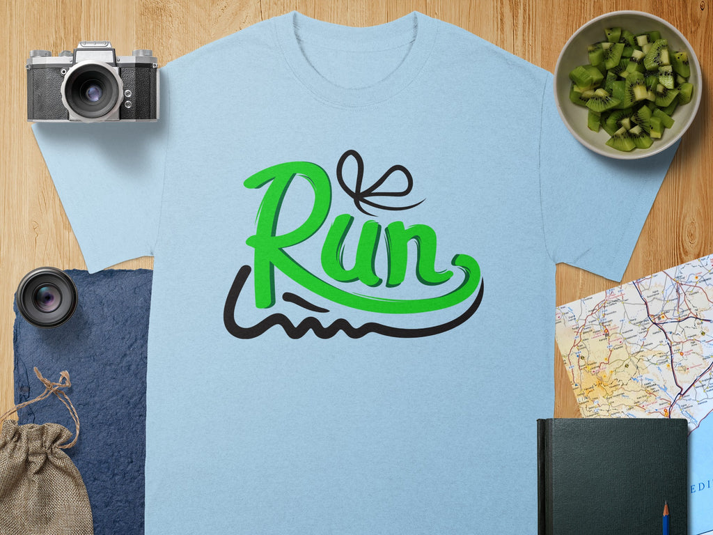 Light blue t-shirt with green "Run" text graphic and abstract black underline.